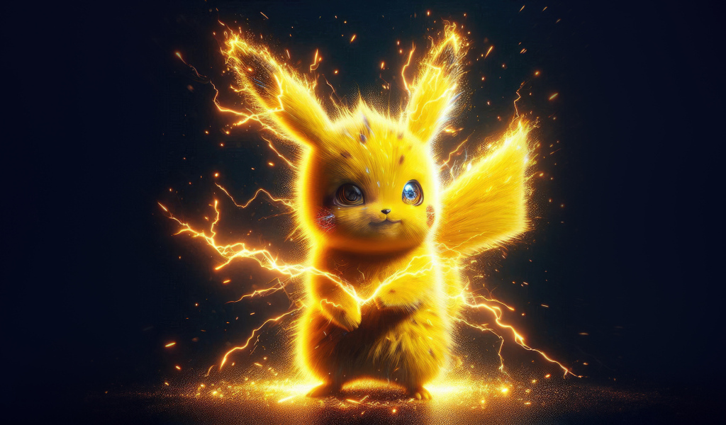 Желтый покемон Пикачу в разрядах молнии
