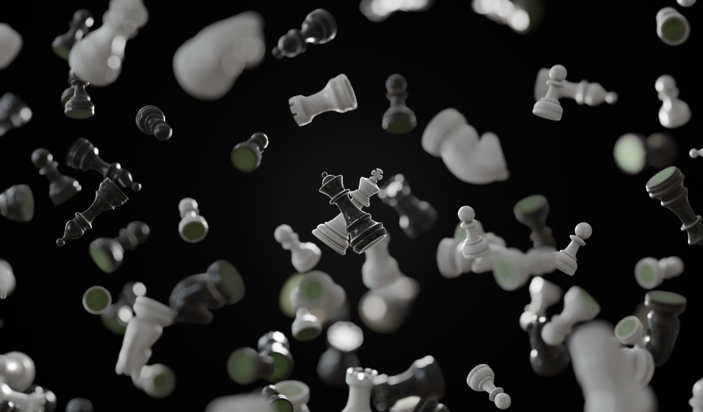 Черные и белые шахматные фигуры парят в воздухе