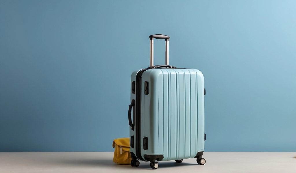 Большой голубой чемодан на голубом фоне