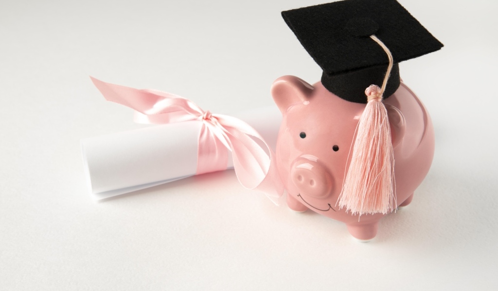 Свинья копилка с бумажным свертком на сером фоне