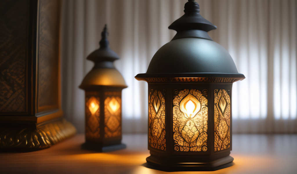 Два зажженных фонаря стоят на столе