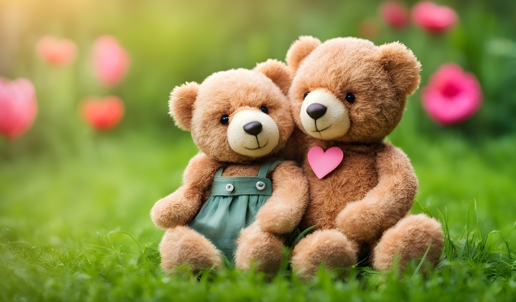 Два игрушечных медвежонка сидят на траве