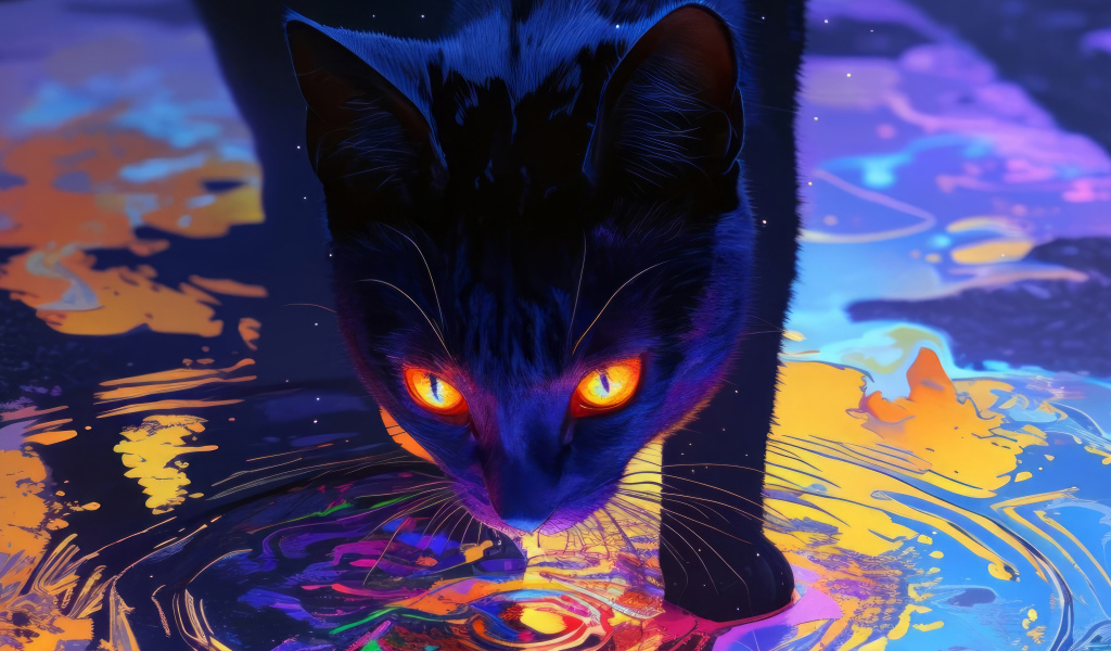 Черный кот с яркими оранжевыми глазами идет по воде