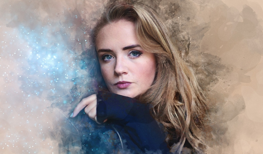 Красивая голубоглазая девушка на нарисованном фоне