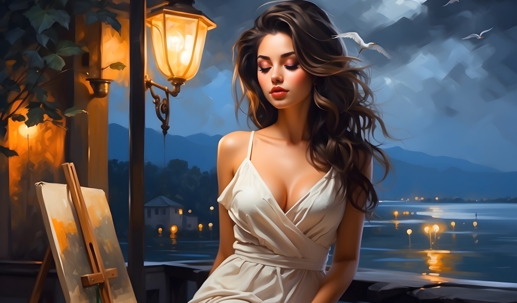 Красивая нарисованная девушка у воды