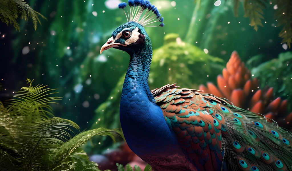 Красивый нарисованный павлин в лесу