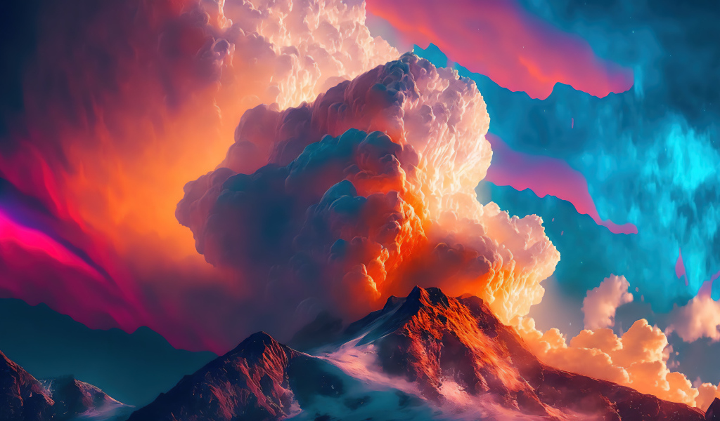 Большое розовое облако над горой 