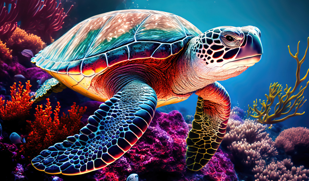 Нарисованная большая черепаха под водой