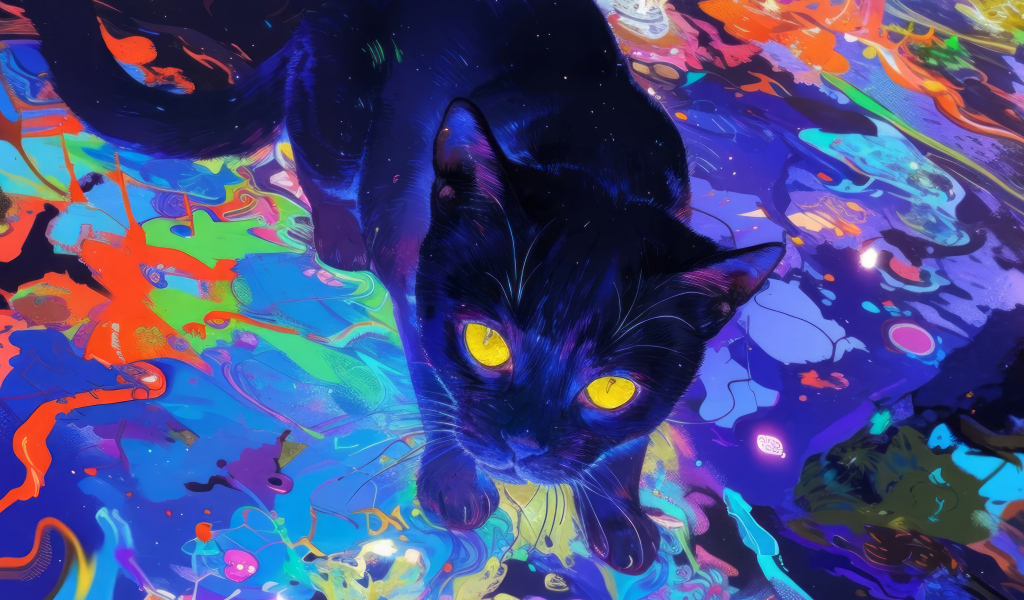 Нарисованный черный кот с желтыми глазами