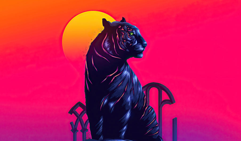 Нарисованный черный тигр на розовом фоне с луной