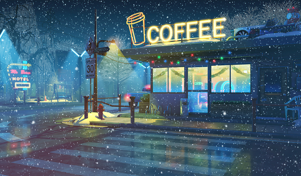 Нарисованное кафе ночью зимой