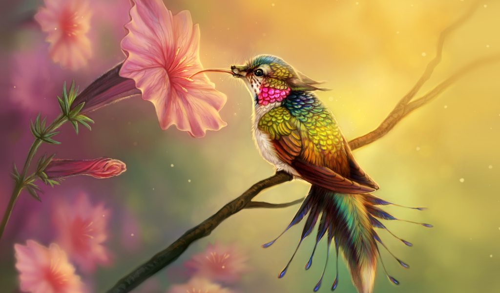 Нарисованная фантастическая птица колибри у цветка