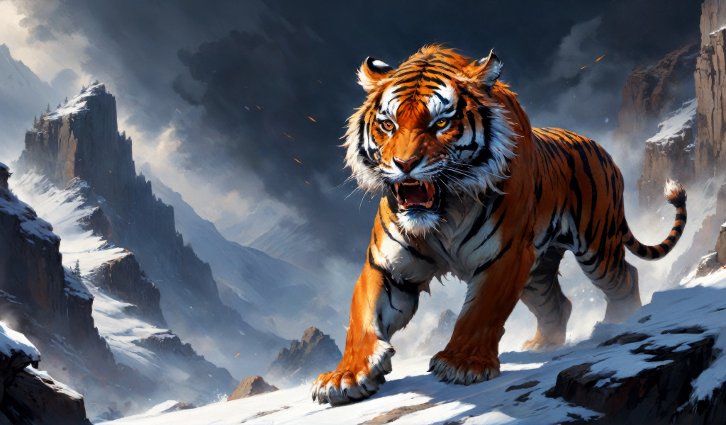 Нарисованный свирепый тигр в заснеженных горах