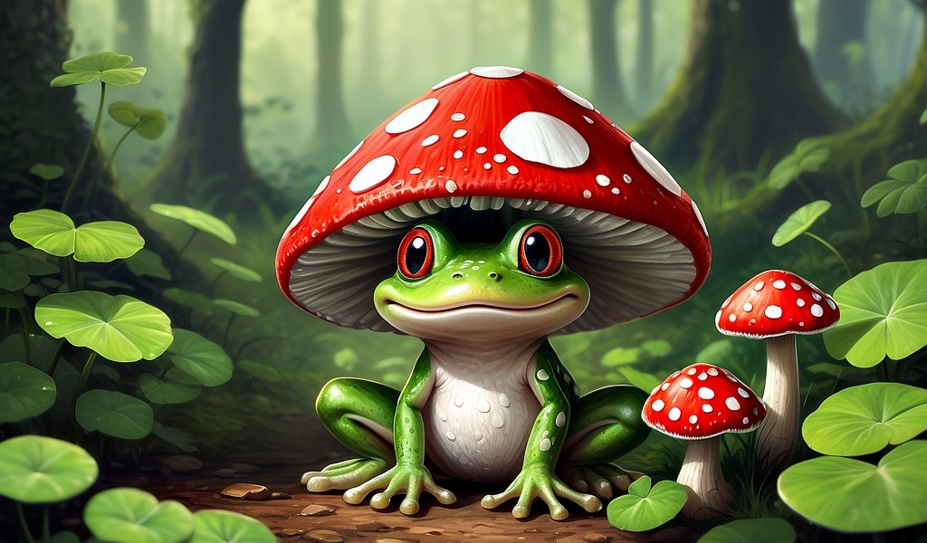 Нарисованная зеленая лягушка с мухомором на голове