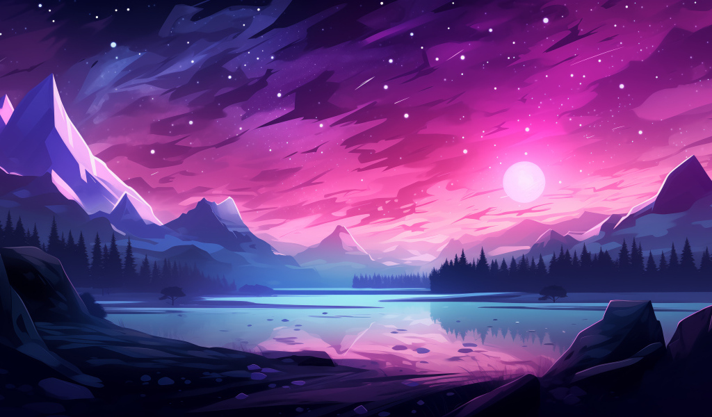 Нарисованные горы с розовым небом ночью