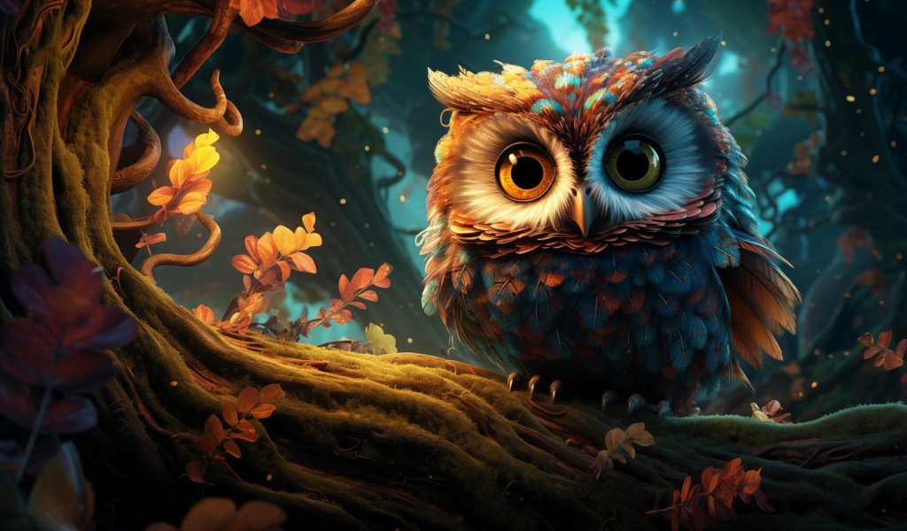 Нарисованная сова на ветке дерева в лесу