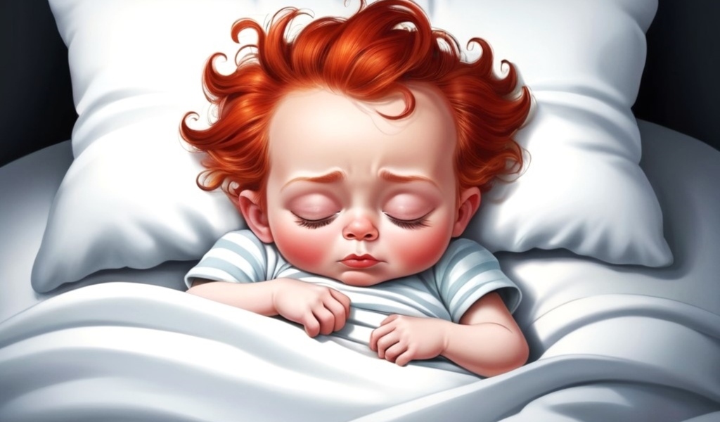 Нарисованный рыжеволосый ребенок в постели