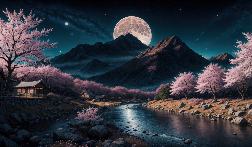 Нарисованная река с горой на фоне луны