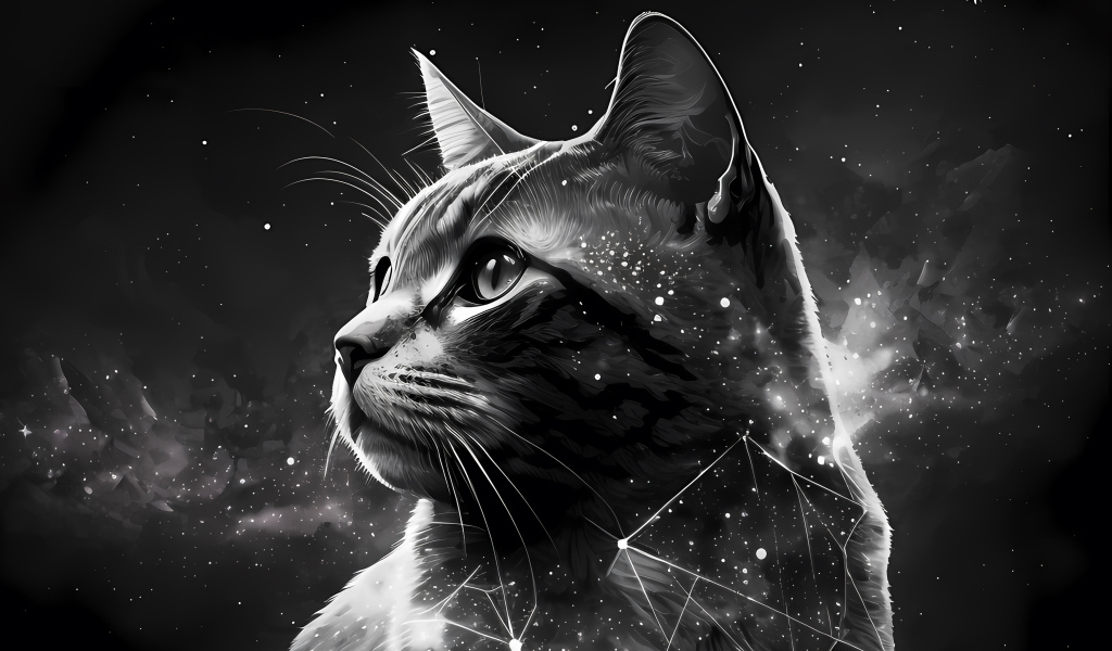 Нарисованный звездный кот на сером фоне