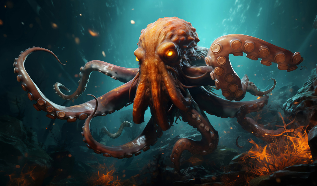 Большой нарисованный осьминог в воде