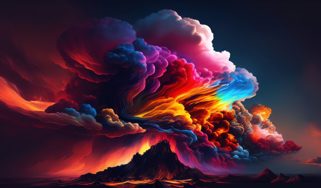 Большое разноцветное облако дыма над вулканом