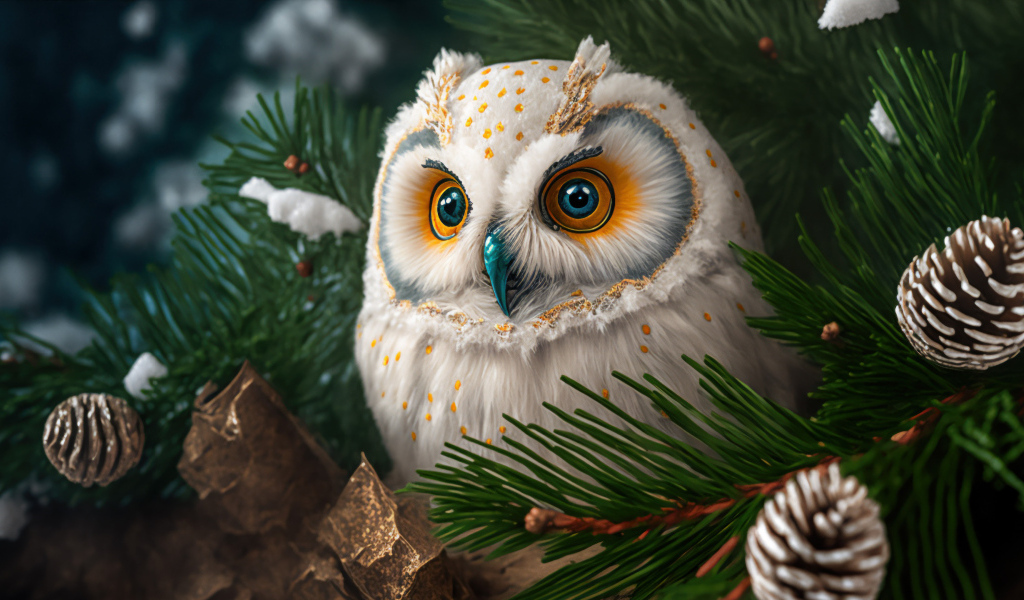 Большая нарисованная сова в сосновых  ветках