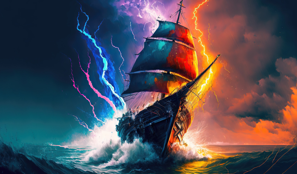 Большой нарисованный корабль в море в грозу