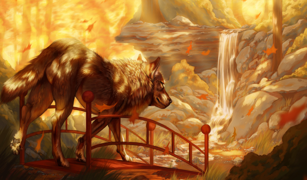 Нарисованный большой волк у водопада