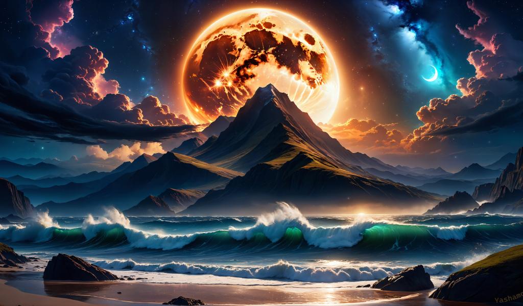 Нарисованная огненная луна над горой у моря