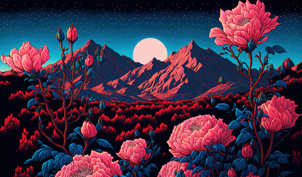 Нарисованные красные цветы в горах на фоне луны