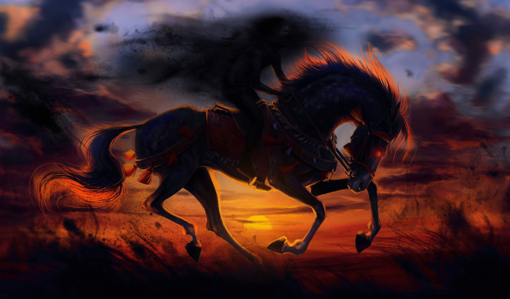 Нарисованный зловещий конь ночью 