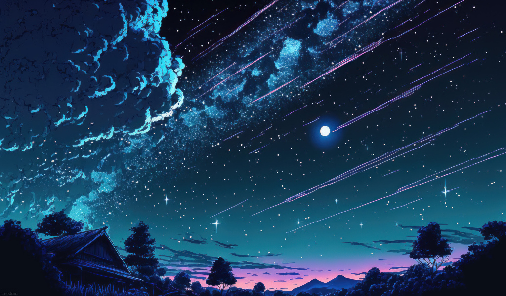 Нарисованное небо над домом и яркой луной