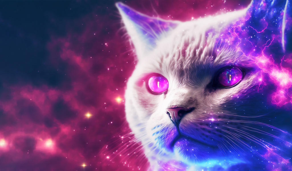 Нарисованный белый неоновый кот 
