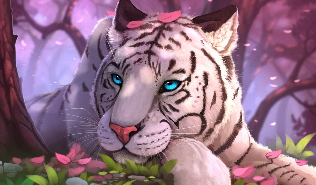 Нарисованный белый тигр с голубыми глазами