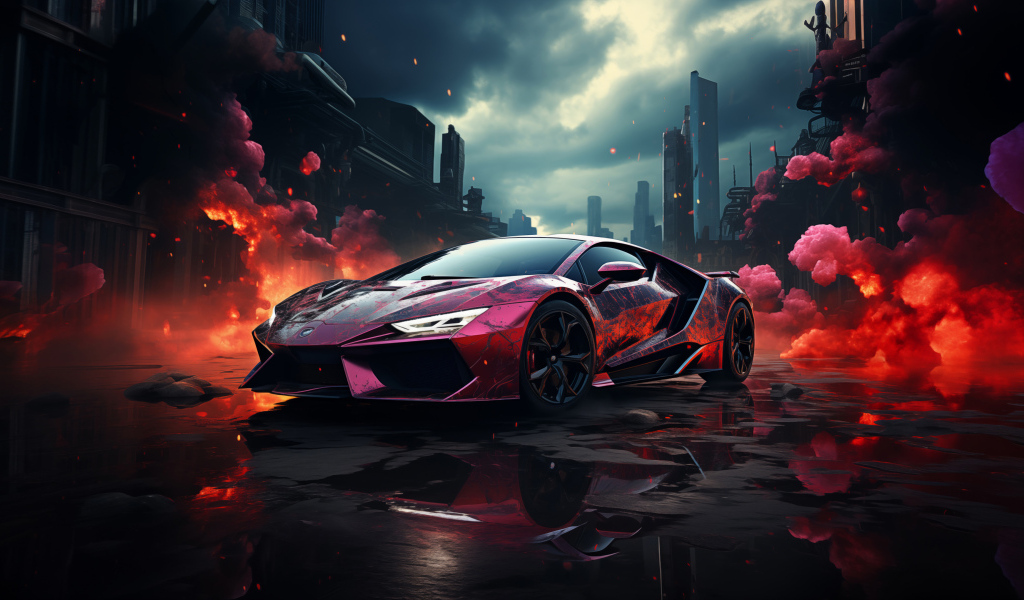 Спортивный автомобиль в красном дыму