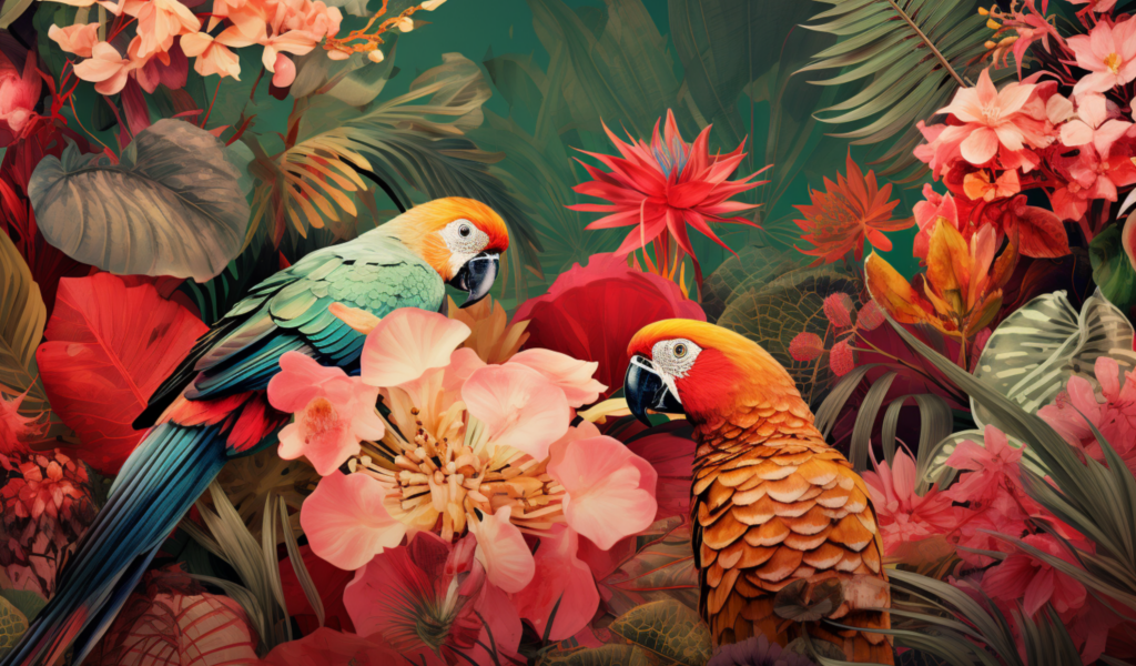 Два красивых попугая в цветах