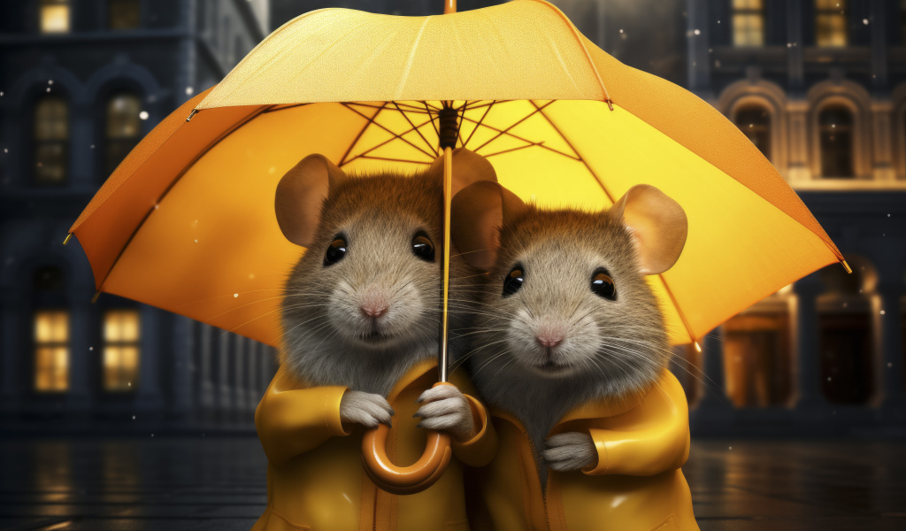 Две серые крысы под желтым зонтом