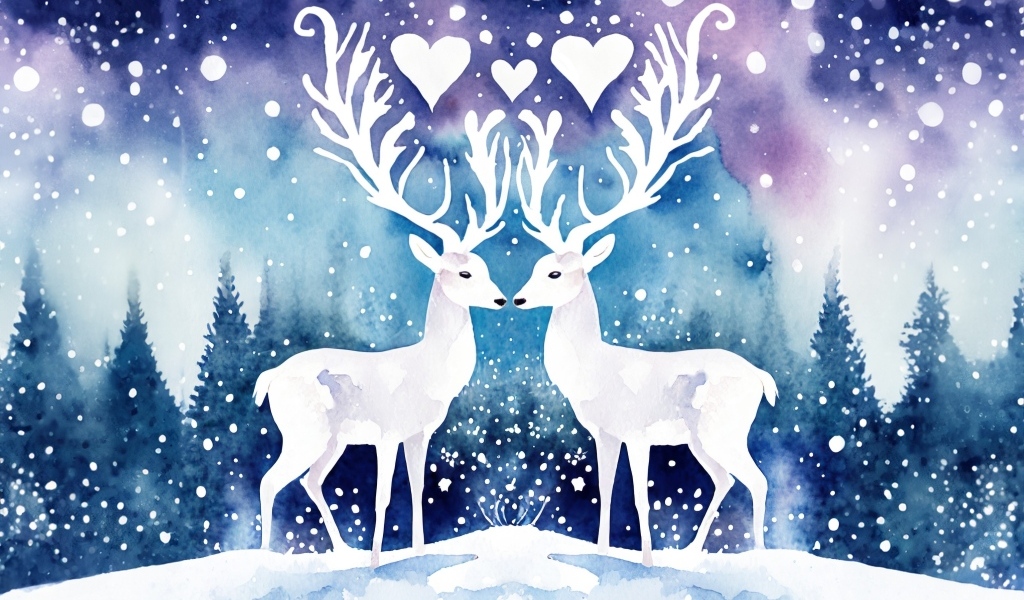 Два нарисованных оленя зимой