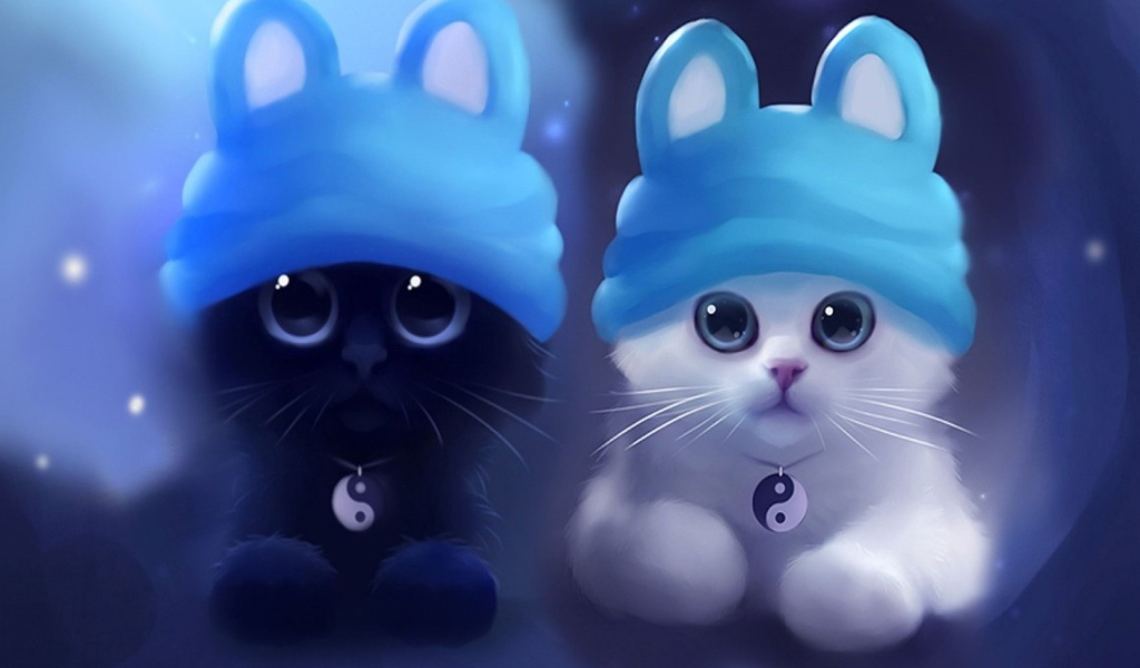 Два котенка инь и янь в шапках