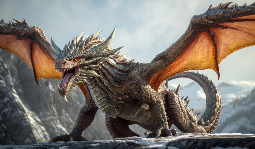 Дракон с расправленными крыльями и широко открытой пастью на горе