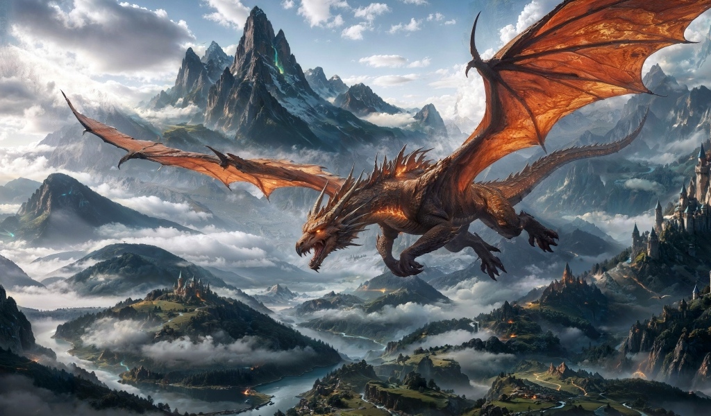 Большой дракон парит на горами