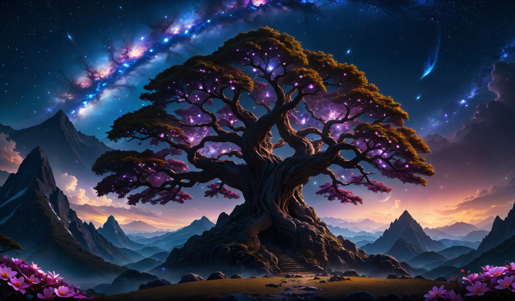 Большое фантастическое дерево на фоне красивого неба