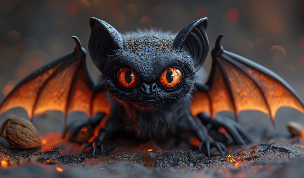 Маленькая летучая мышь с красными глазами расправила крылья