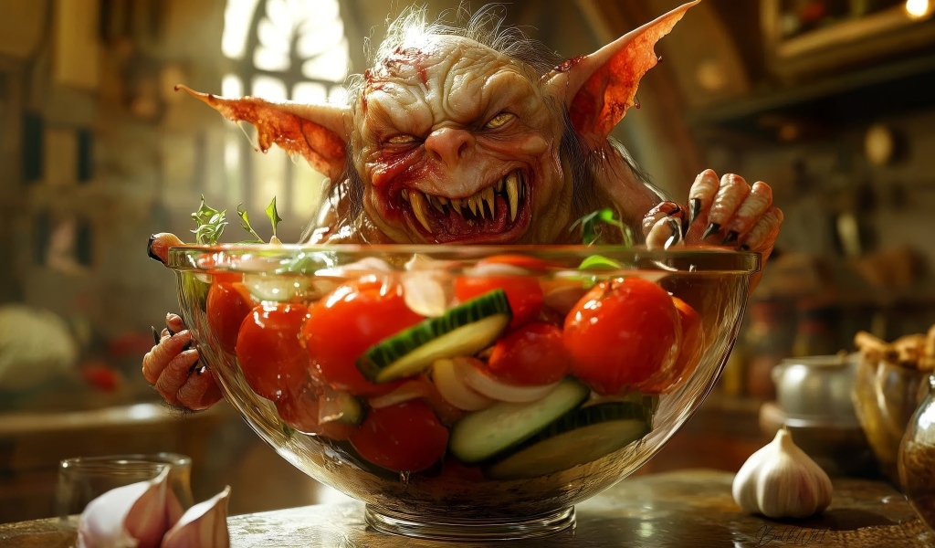 Маленький гремлин с острыми зубами стоит на кухонном столе с чашкой салата в руках