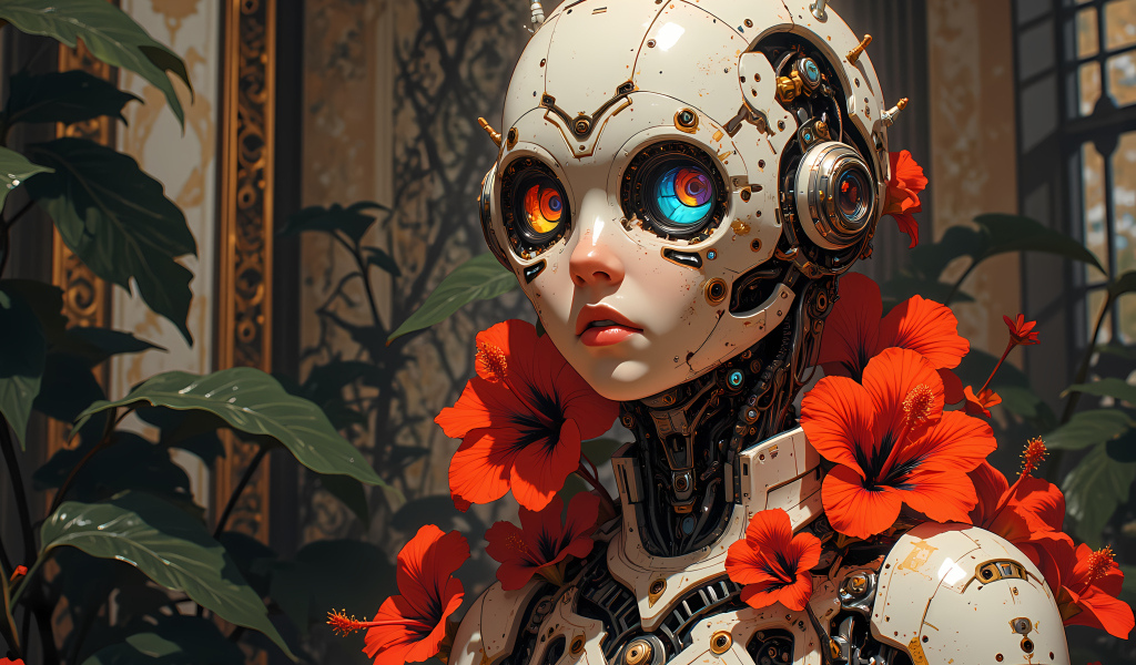 Андроид с большими глазами и телом на котором растут красные цветы