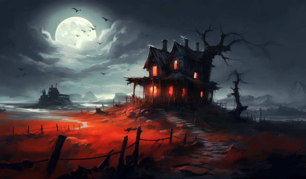 Зловещий черный дом на фоне яркой луны
