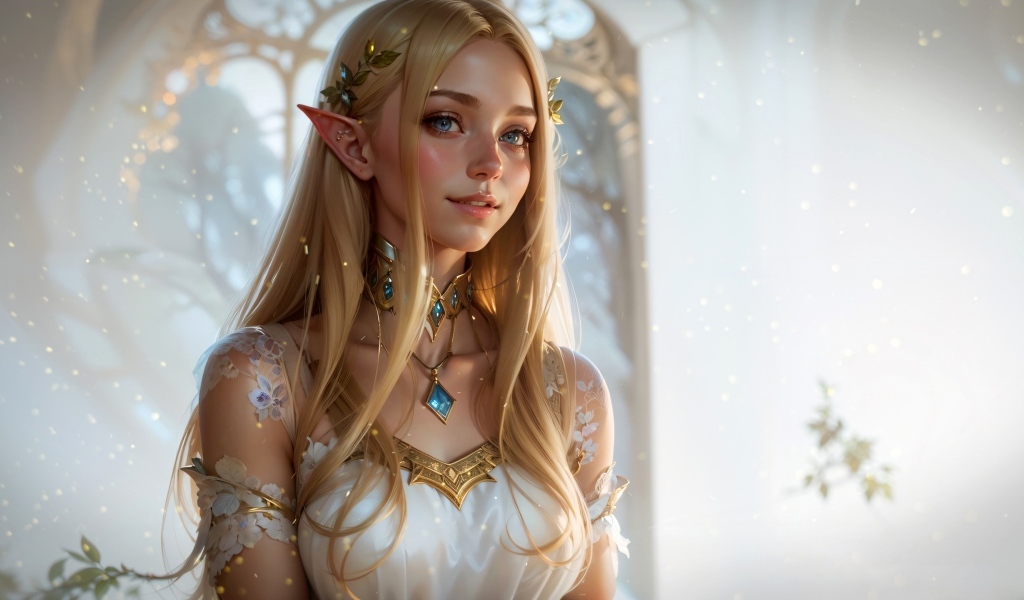 Красивая голубоглазая девушка эльф в белом платье