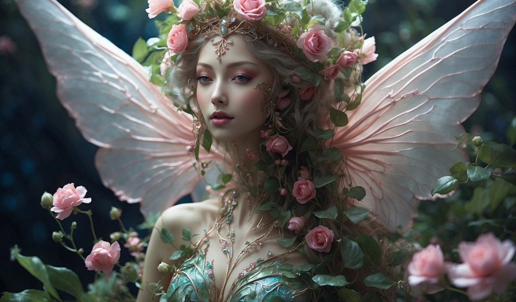 Красивая девушка фея с цветами на голове