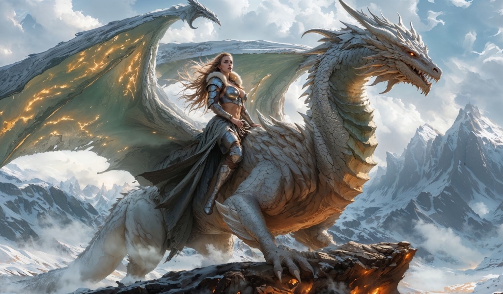 Красивая девушка воин верхом на драконе в горах