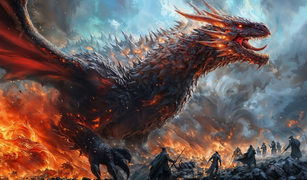 Большой злой дракон в огне с воинами